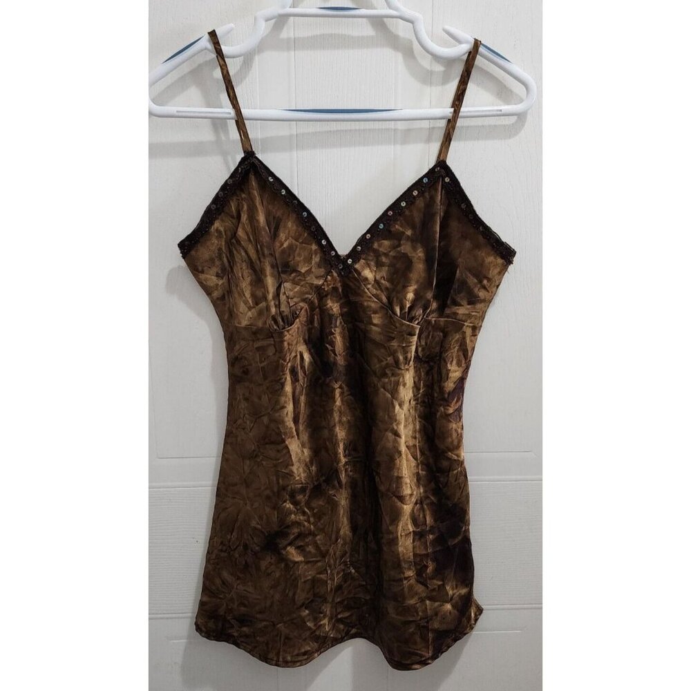 Xhilaration Y2K Women's Sleeveless V Neck Blouse Top Satin Crinkle Brown Sz M